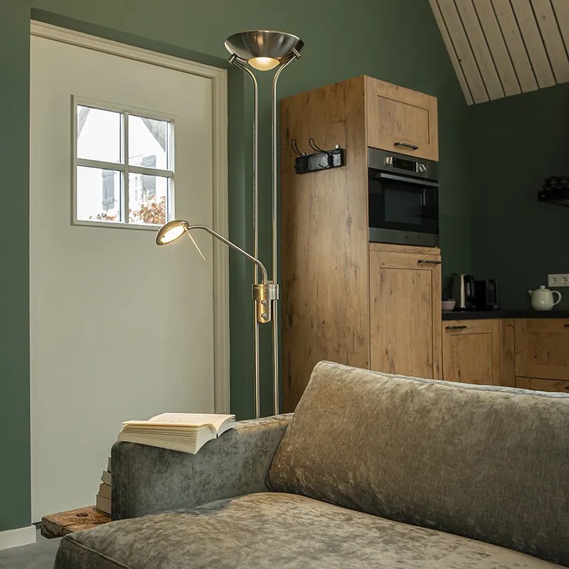 Подова лампа стомана с лампа за четене с LED и димер - Diva 2