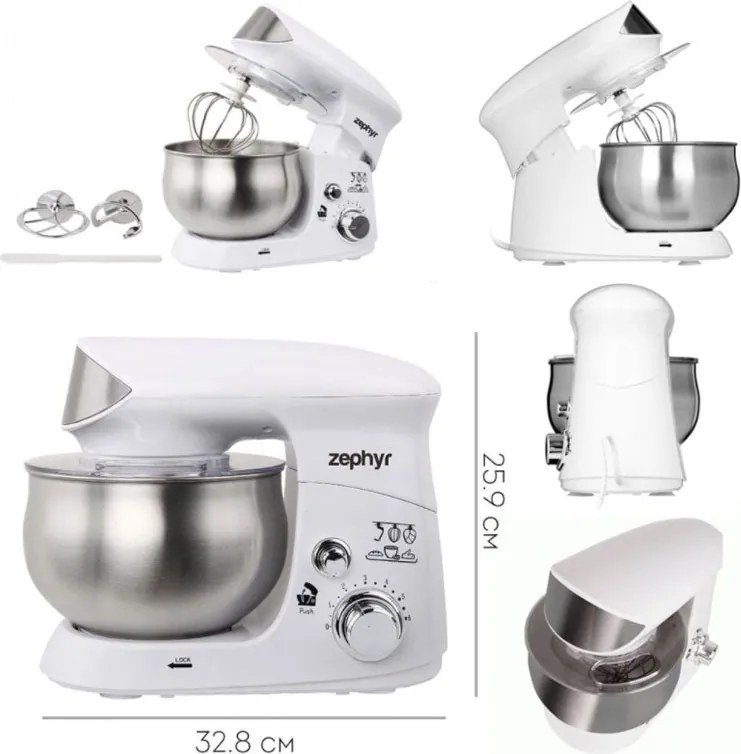 Планетарен миксер с иноксова купа ZEPHYR ZP 1115 R, 700W, 3.5 литра, 6 степени, Приставки, Бял