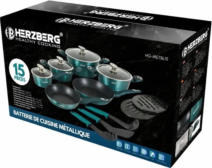 Втора ръка: Комплект съдове за готвене Herzberg HG-METBL15, 15 части, Мраморно покритие, Стъклени капаци, Индукция, Ментово зелен