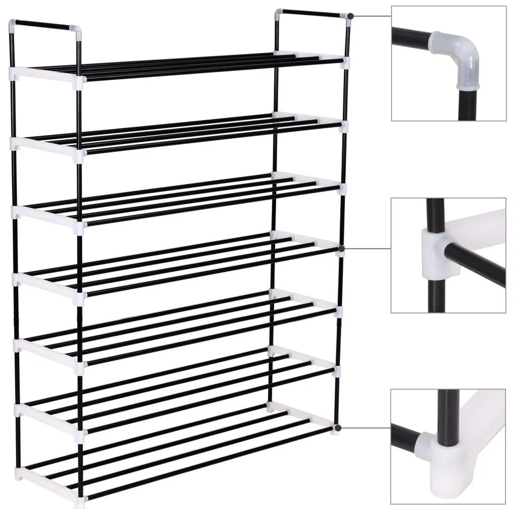 Стелаж за обувки със 7 рафта, метал и пластмаса, черен