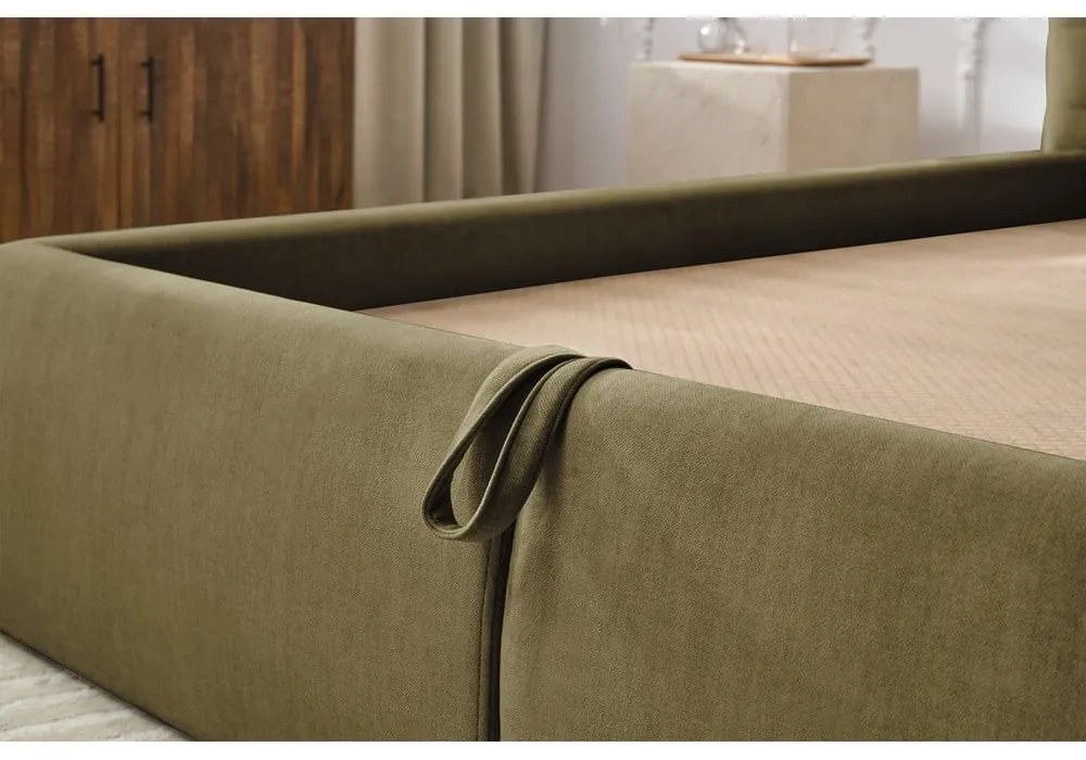 Тъмнозелено тапицирано двойно легло с място за съхранение с решетка 160x200 cm Clothilde - Bobochic Paris