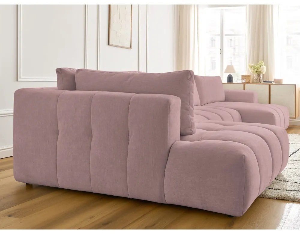 Розов сгъваем/с място за съхранение ъглов диван (ляв ъгъл/U форма) Fuji – Bobochic Paris