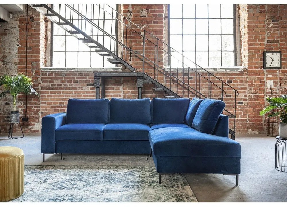 Тъмносин кадифен разтегателен ъглов диван (десен ъгъл) Lofty Lilly – Miuform