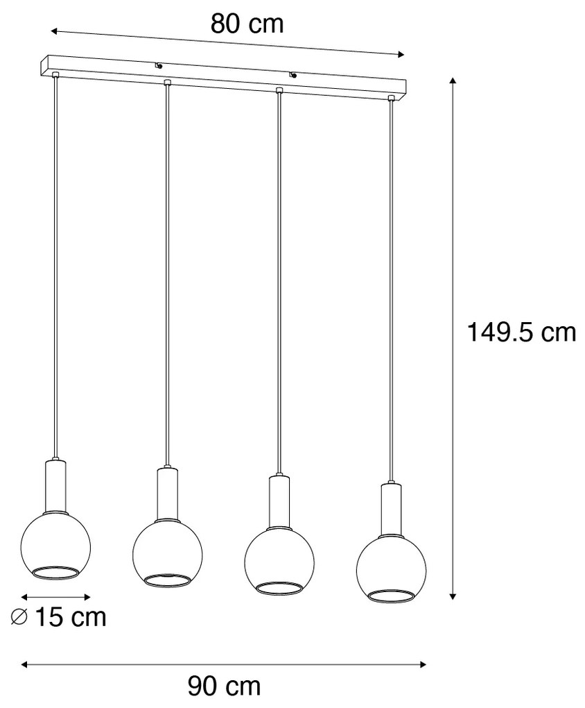Висяща лампа в стил Арт Деко черна с опушено стъкло 4-светлина - Josje