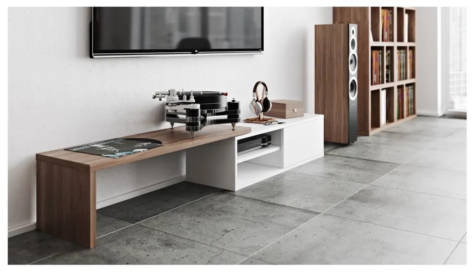 Бяла маса за телевизор с детайли от орехово дърво - TemaHome