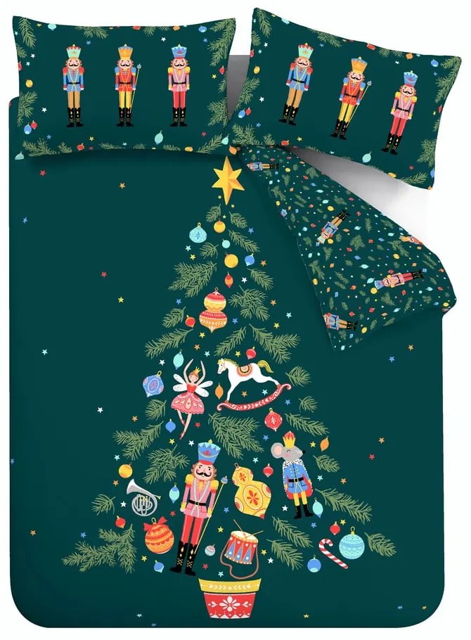 Тъмнозелен удължен чаршаф за двойно легло 200x200 cm Nutcracker - Catherine Lansfield