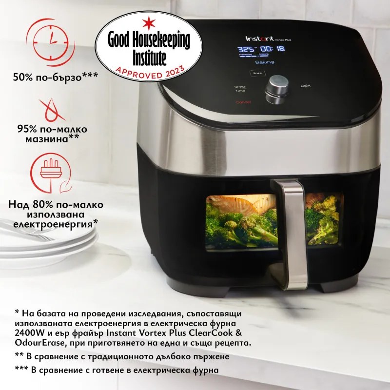 Фритюрник с горещ въздух Instant Pot Vortex Plus ClearCook & OdourErase 140310401, 1700W, 5.7 л, 6 програми, 35-205C, EvenCrisp, Двоен филтър, Черен