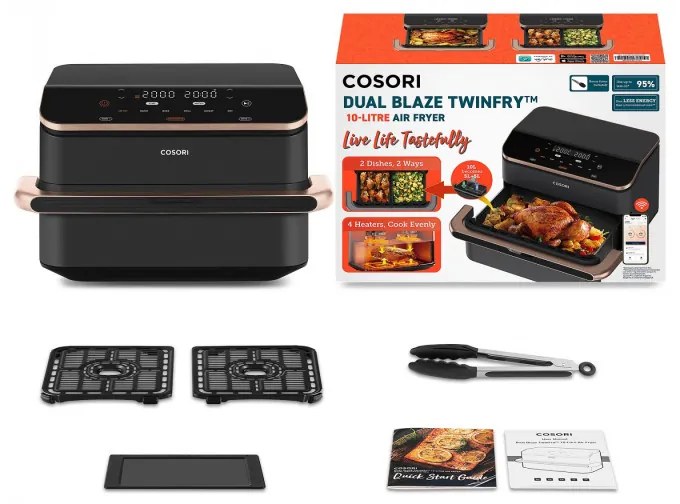 Двоен фритюрник с горещ въздух Cosori Dual Blaze TwinFry CAF-TF101S, 10 л, 6 програми, 35-240 C, Таймер, ThermoIQ, Синхронизирано готвене и приключване, Черен