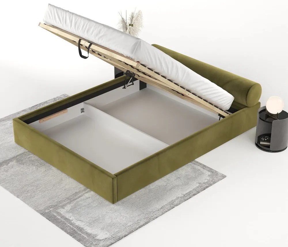 Тъмнозелено двойно легло 200x200 cm тапицирано с място за съхранение с включена подматрачна рамка Solvo – Maison de Rêve