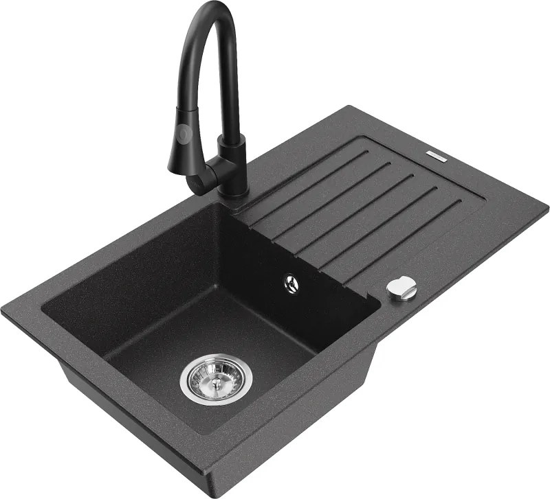 Mexen Pablo кухненска мивка от гранит 1-корпусова с отцедник и кухненски смесител Elia, черен на пръски - 6510-76-670101-70