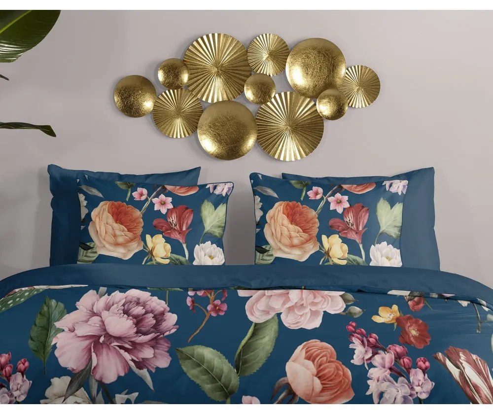 Тъмносиньо единично удължено спално бельо от памучен сатен 140x220 cm Fiori – Descanso