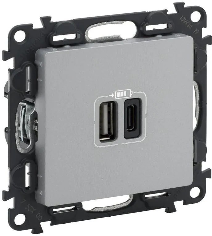 Legrand Розетка 2хUSB за зареждане тип A+C 3A 15W цвят Aлуминий Valena Life  - 753306