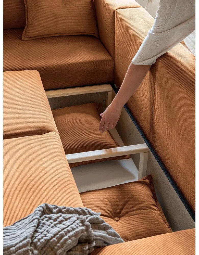 Разтегателен диван от велур в тухлен цвят (ляв ъгъл) Lazy Lukka - Miuform