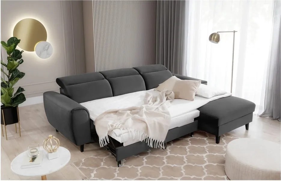 Тъмносив кадифен разтегателен ъглов диван с място за съхранение (десен ъгъл) Foble – ELTAP