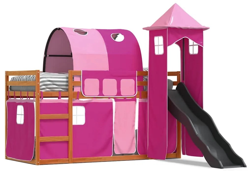 3284169 vidaXL Двуетажно легло с пързалка и завеси, синьо, 90x200 см