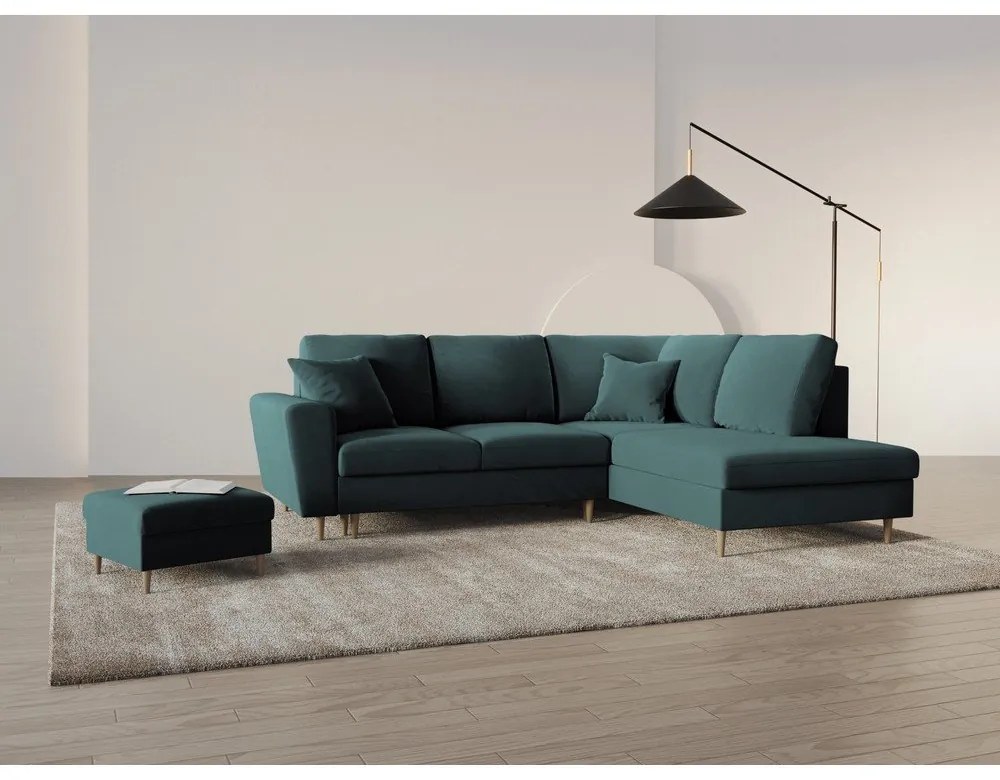 Кадифен разтегателен ъглов диван с място за съхранение в петролен цвят (десен ъгъл/L форма) Kyoto – Cosmopolitan Design