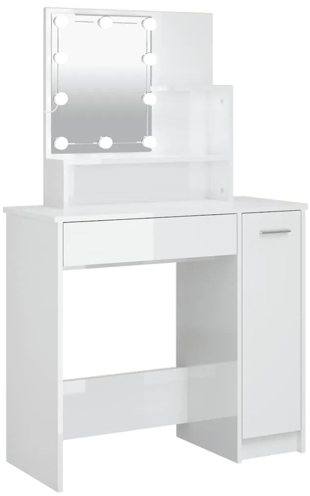 808816 vidaXL Тоалетка с LED, бял гланц, 86,5x35x136 см
