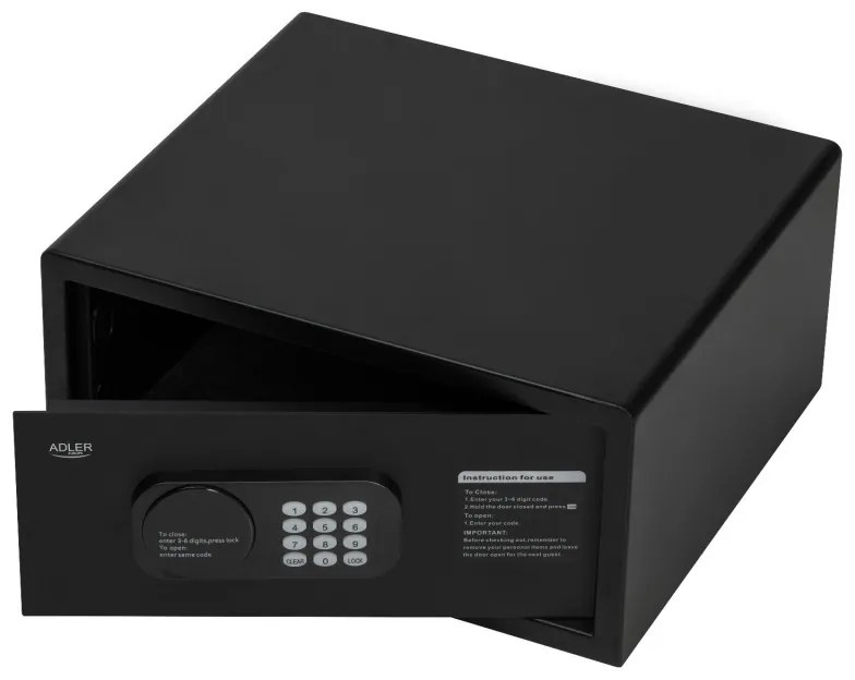 Електронен сейф Adler AD 1045, 200x420x370 мм, 14 л, Блокиране след 4 грешни опита, Предупреждение за изтощена батерия, Черен