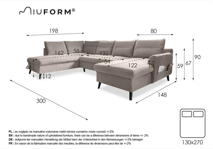 Светлосиво U-образно разтегателно канапе от кадифе, ляв ъгъл Stylish Stan - Miuform