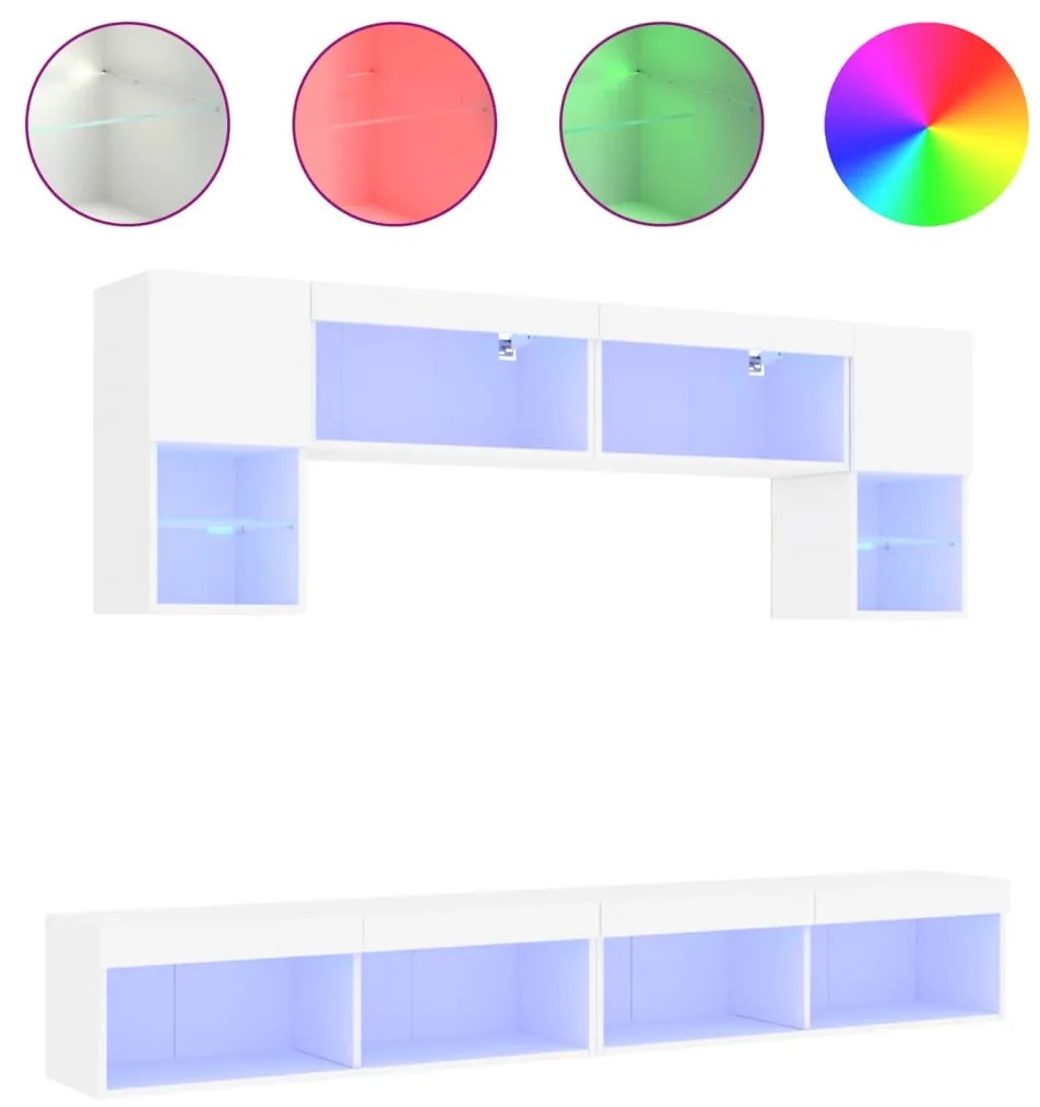 3216704 vidaXL ТВ стенни модули с LED, 6 части, бели, инженерно дърво