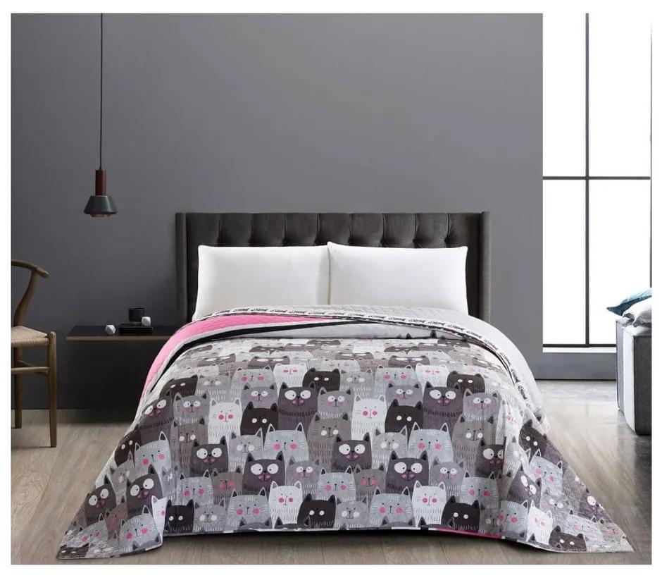 Двустранна сива покривка за легло от микрофибър Cat Invasion, 220 x 240 cm Cats Invasion - DecoKing