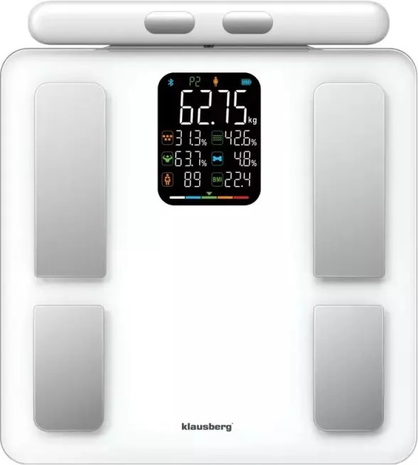 Кантар - анализатор Klausberg KB 7857, До 180 кг, Bluetooth, Android/iOS, LCD дисплей, 14 телесни стойности, Бял