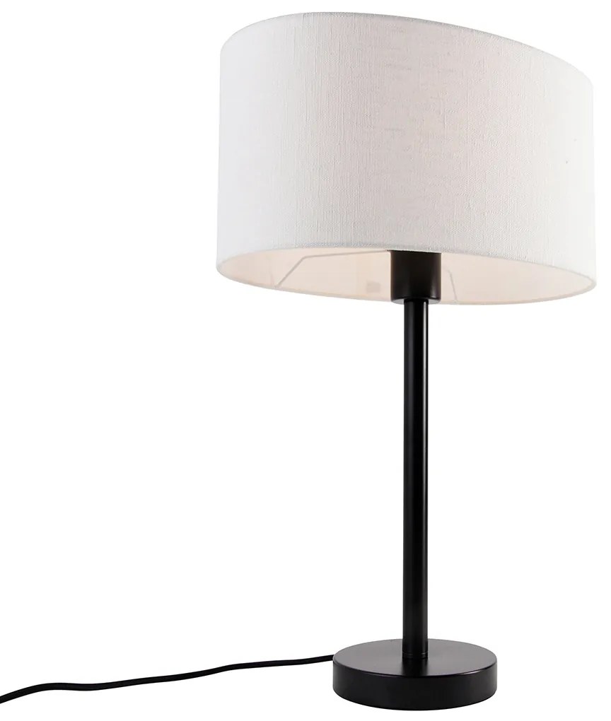 Настолна лампа черна с овален ленен абажур бял 35 см - Simplo