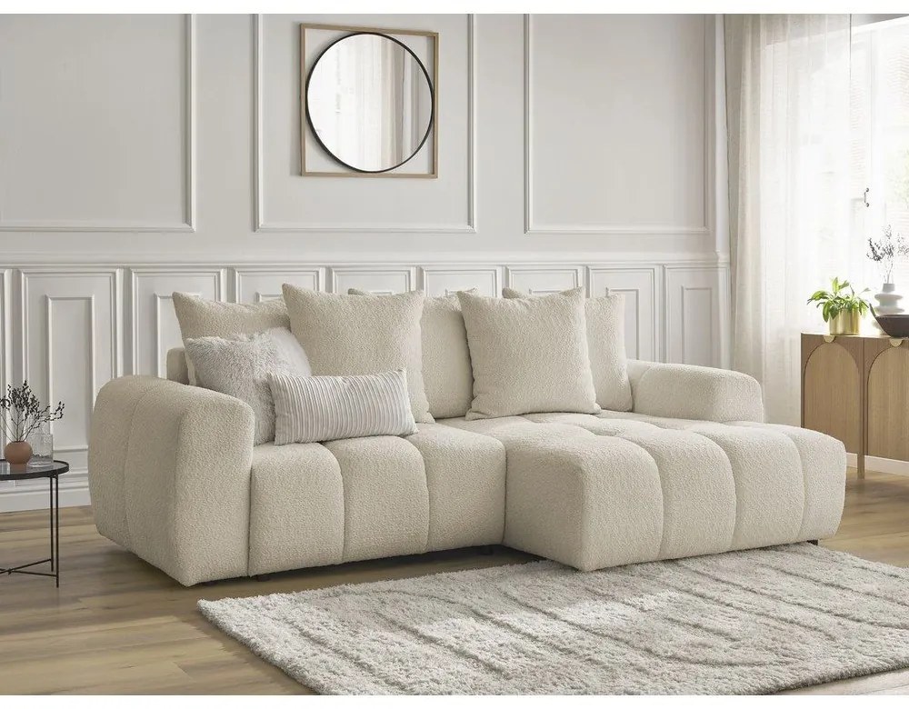Бежов разтегателен ъглов диван с място за съхранение от букле (десен ъгъл) Roxelane – Bobochic Paris