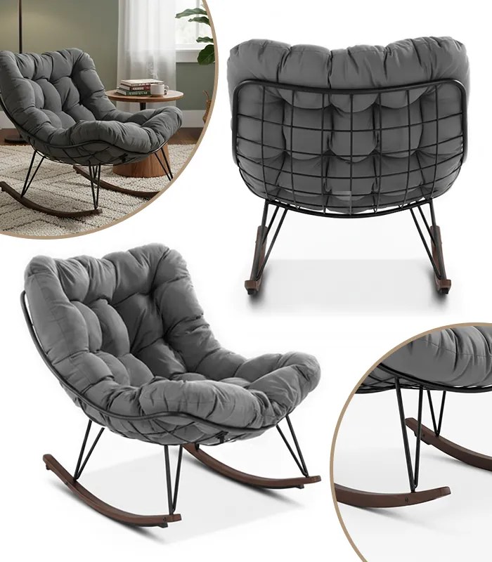 Люлеещ се фотьойл от техноратан с меки възглавници в сиво