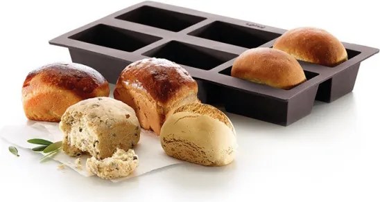 Форма за печене на хлебчета Lekue 1009080, 30x17.5x4.2 см, 960 мл, 6 отделения, Платинен силикон, От -60 до +220C, Кафяв