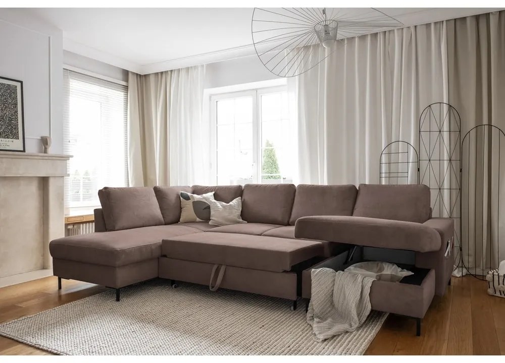Кафяв разтегателен ъглов диван от рипсено кадифе (ляв ъгъл) Lofty Lilly – Miuform