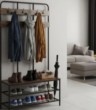 Свободностояща закачалка за дрехи с куки и рафтове - 100 x 40 x 186 cm