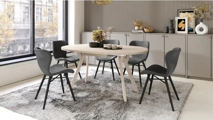 АЛМО Бежово/бежови крака - КРЪГЛА РАЗТЕГАТЕЛНА МАСА С Y-ОБРАЗНИ КРАКА В ЛОФТ/ИНДУСТРИАЛЕН СТИЛ ЗА ХОЛ ИЛИ ТРАПЕЗАРИЯ