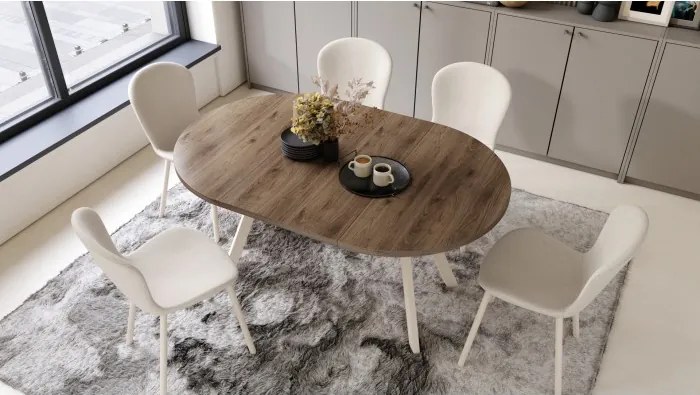 АЛМО Елегантен Орех/бежови крака - КРЪГЛА РАЗТЕГАТЕЛНА МАСА С Y-ОБРАЗНИ КРАКА В ЛОФТ/ИНДУСТРИАЛЕН СТИЛ ЗА ХОЛ ИЛИ ТРАПЕЗАРИЯ