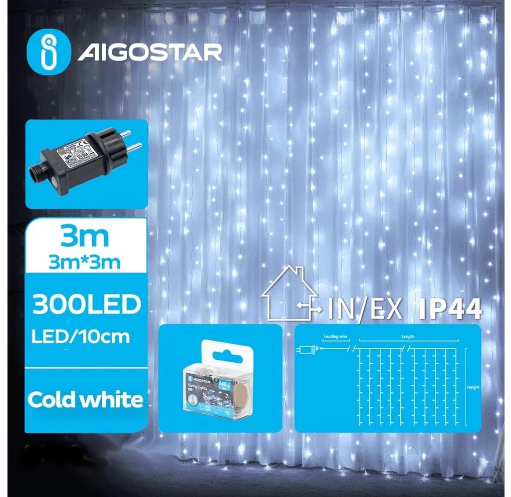 Aigostar - LED Екстериорни Коледни лампички 300xLED/8 функции 6x3m IP44 студено бял