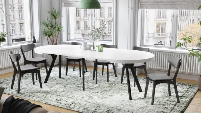 ЕКСПАНСО Бял мат/черни крака - ГОЛЯМА КРЪГЛА МАСА Ø110 РАЗТЕГАТЕЛНА ДО 310 cm С КРАКА Y ЛОФТ/ИНДУСТРИАЛНА