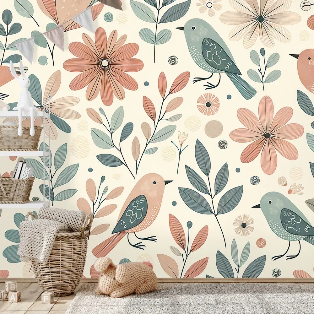 Фототапет – Пастелни птички и цветя