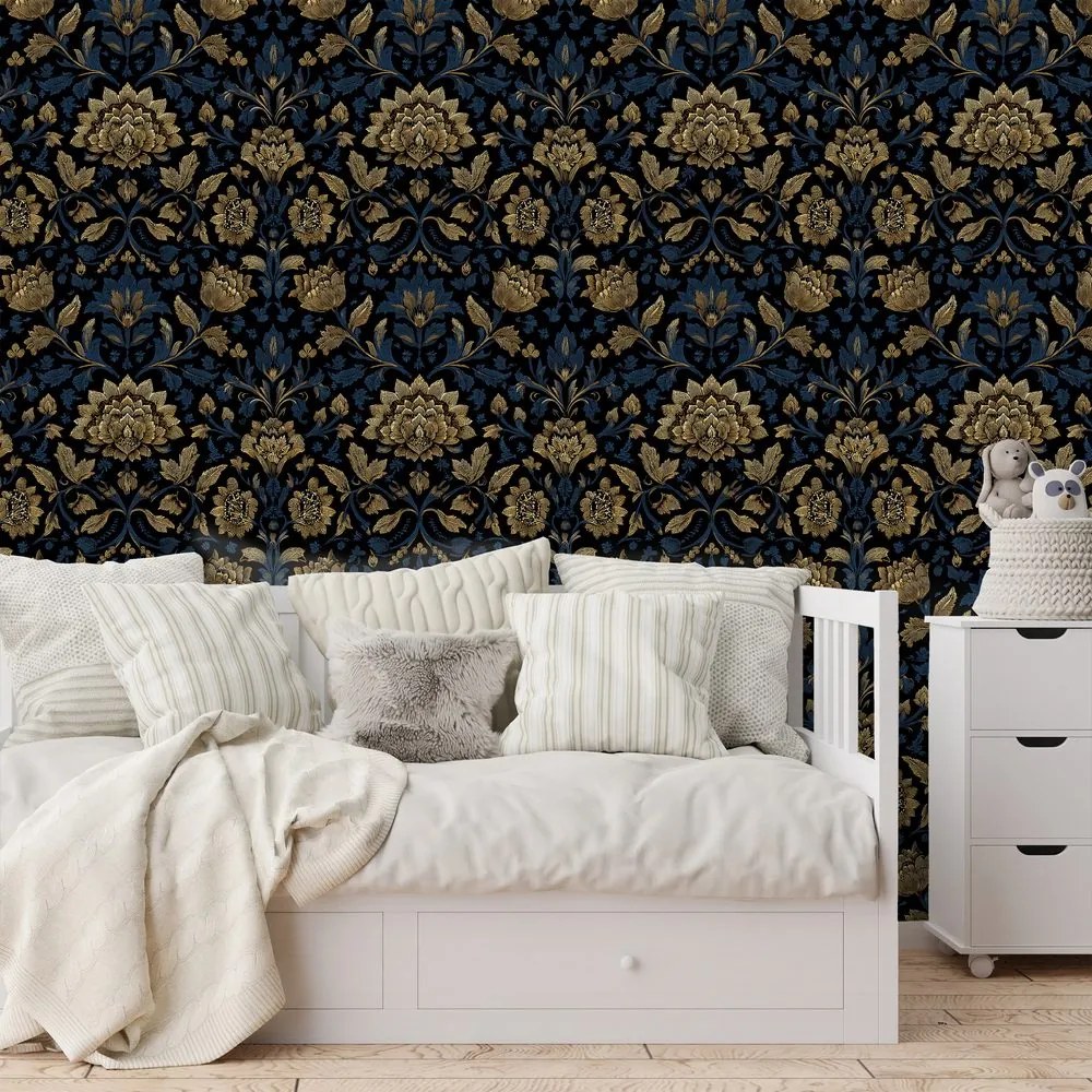 Самозалепващ тапет – Златни цветя на тъмен фон