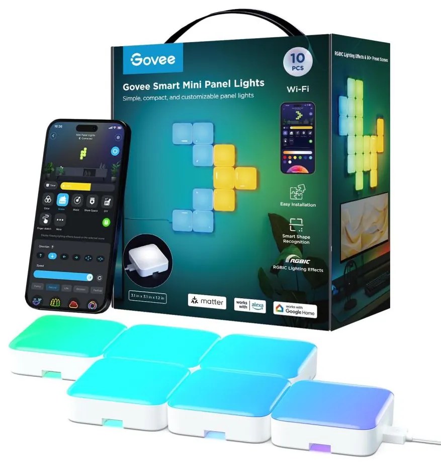 Govee - 10x мини RGBIC панел Wi-Fi, интелигентен контролер