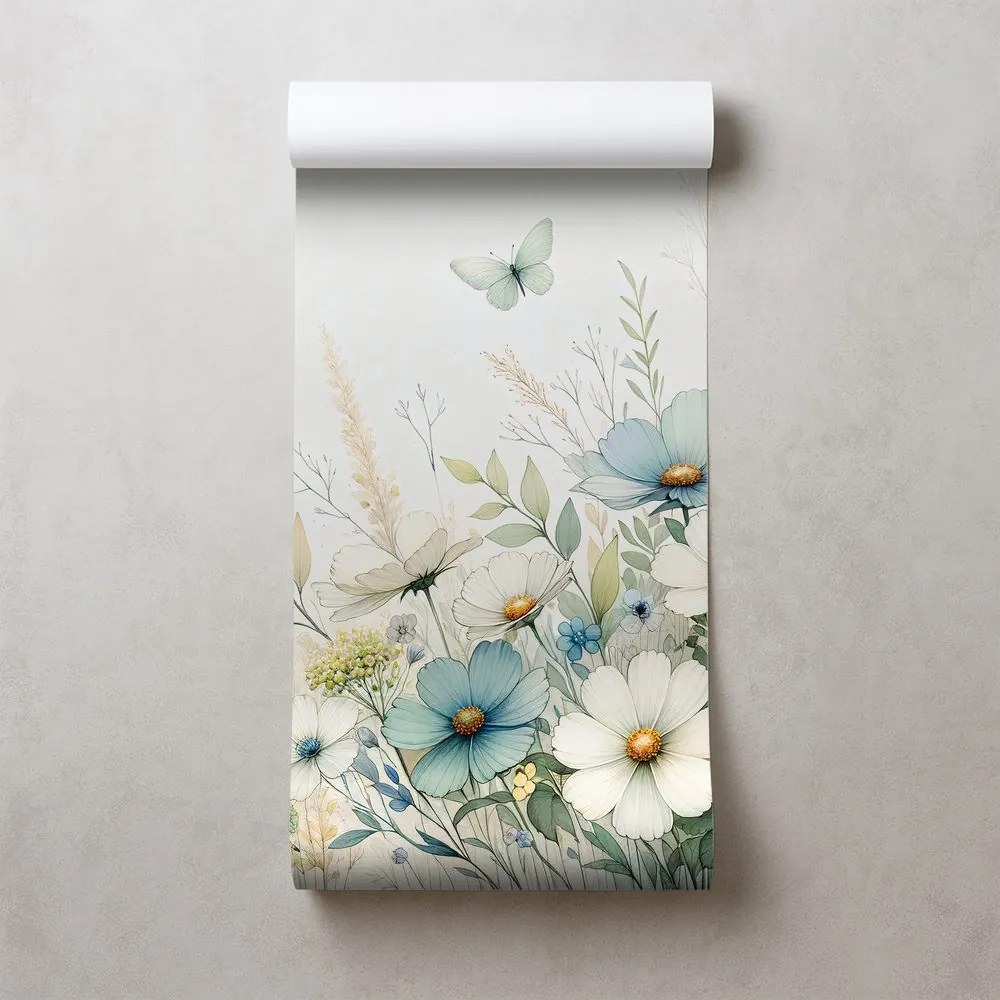Тапет – Пастелни полски цветя и летящи пеперуди