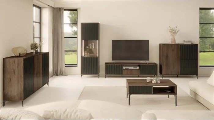 Скрин РИМИНИ К-182 Елегантен Орех/Черно - МОДЕРЕН ШКАФ С НАБРАЗДЕНИ ФРОНТОВЕ