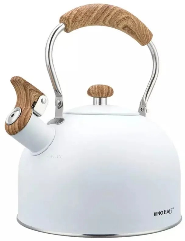 Свирещ чайник Kinghoff KH 1860, 2.5 л, Индукция, Дървена дръжка, Бял