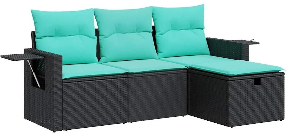 3325453 vidaXL Градински диван от 4 части с възглавници, черен, полиратан