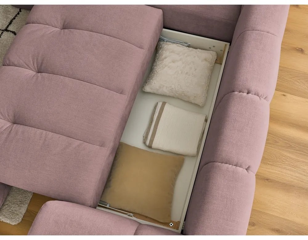 Розов сгъваем/с място за съхранение ъглов диван (ляв ъгъл/L форма) Fuji – Bobochic Paris