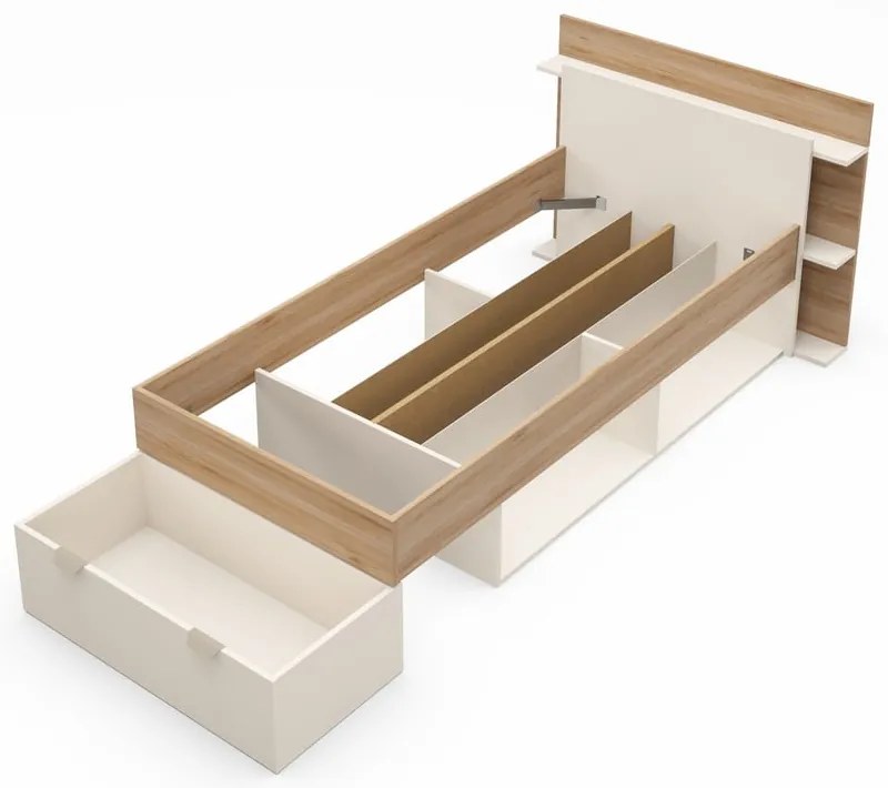 Бяло-естествено единично легло 90x200 cm от декор от дъб с място за съхранение без ламелно дъно Albo – Marckeric