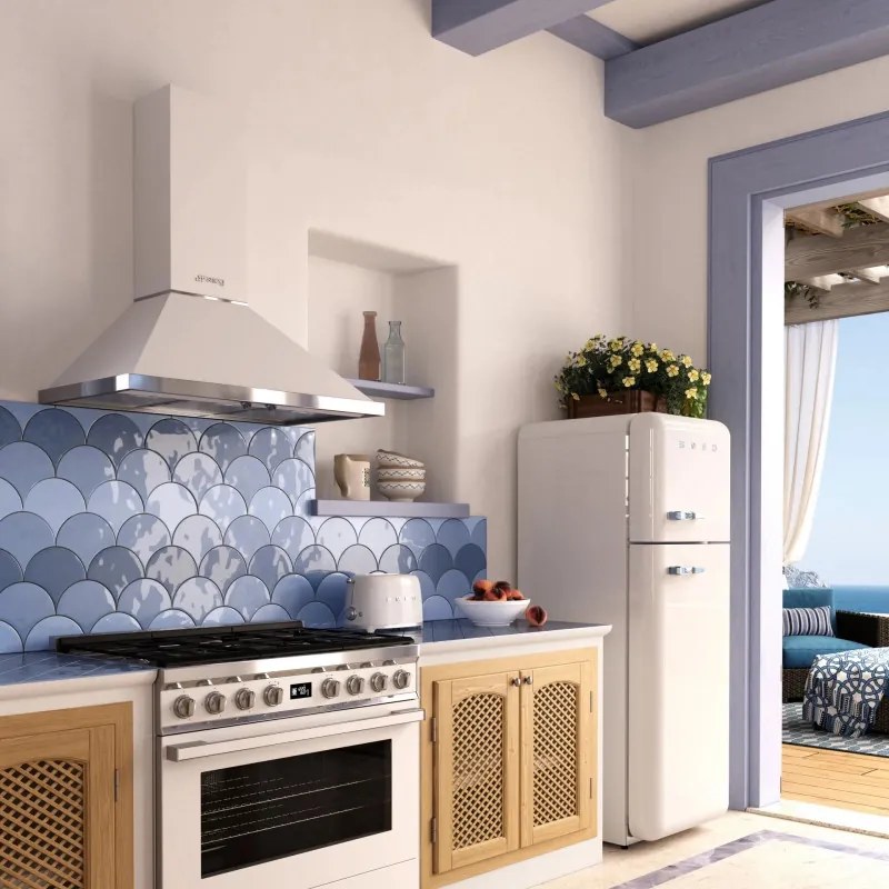 Абсорбатор SMEG Portofino KPF9WH, 275W, А+, 781 м3/ч, 3 скорости, 3 филтъра, Антивъзвръщателен клапан, Инокс, LED, Бял