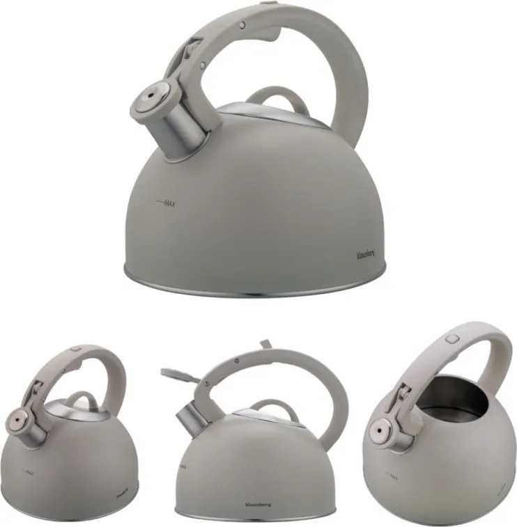 Свирещ чайник Klausberg KB 7912, 2.5 л, Дръжка с дървесен ефект, Индукция, Светлосив
