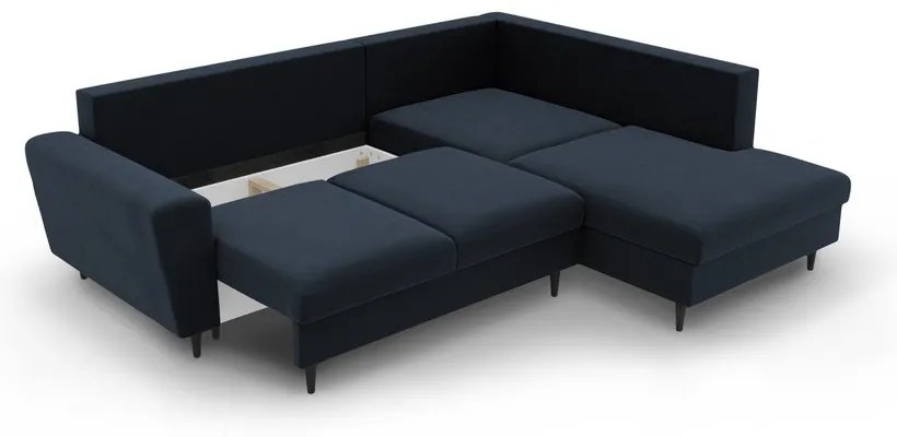 Тъмносин кадифен разтегателен ъглов диван с място за съхранение (десен ъгъл/L форма) Kyoto – Cosmopolitan Design