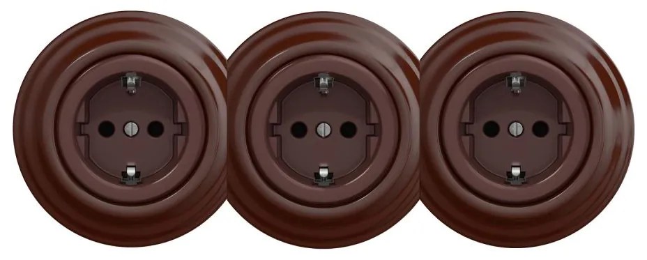 Kliklap - Тройна ретро битова розетка с рамка SCHUKO 230V, кафява