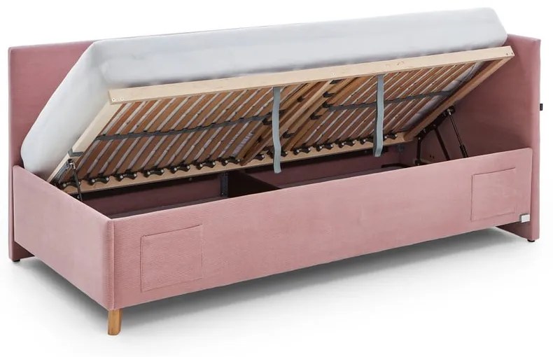 Розово тапицирано ъглово детско легло 90x200 cm с място за съхранение с включена подматрачна рамка Cool – Meise Möbel